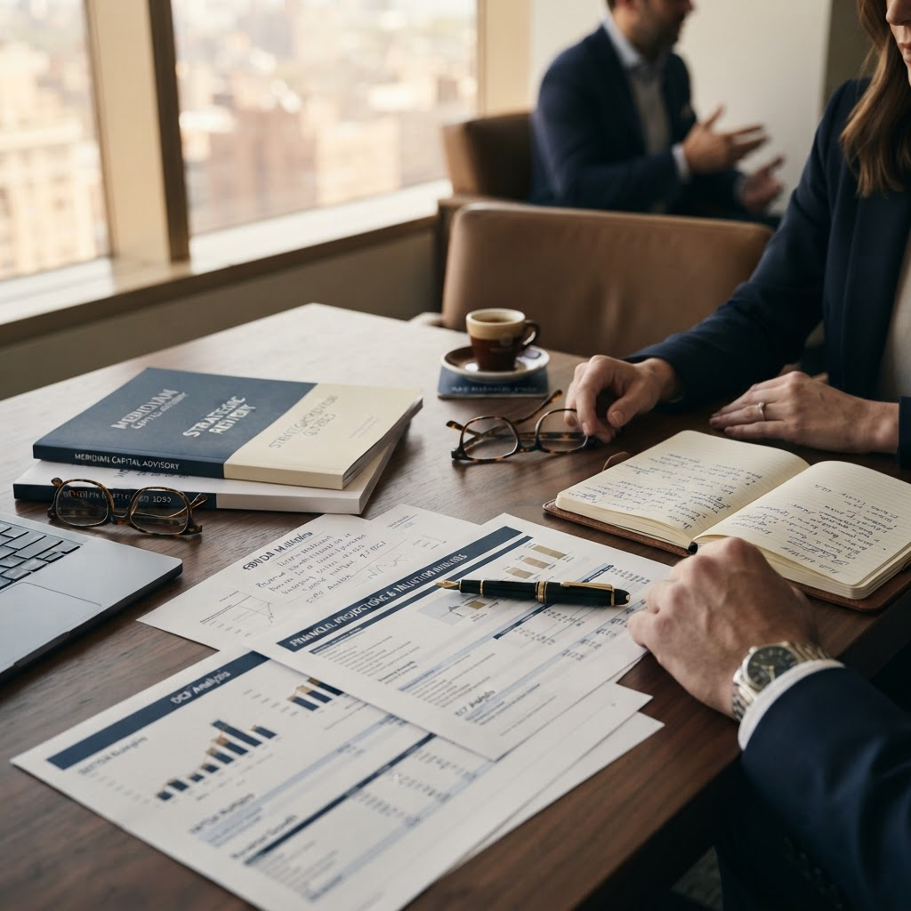Senior advisers in a corporate finance meeting around a boardroom table